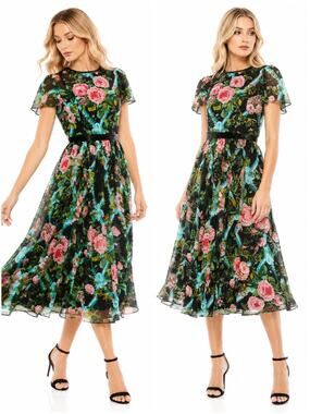 Mac Duggal Black Floral Midi Dress with Pink and Green Accents